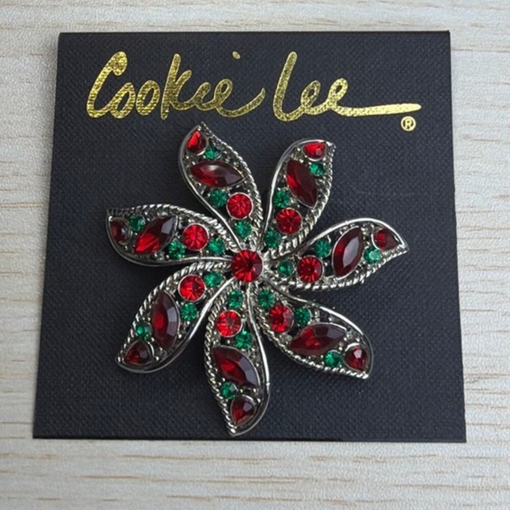 Retired Cookie Lee Red Green Crystal Floral Brooch Pin Silver Tone Holiday Y2K